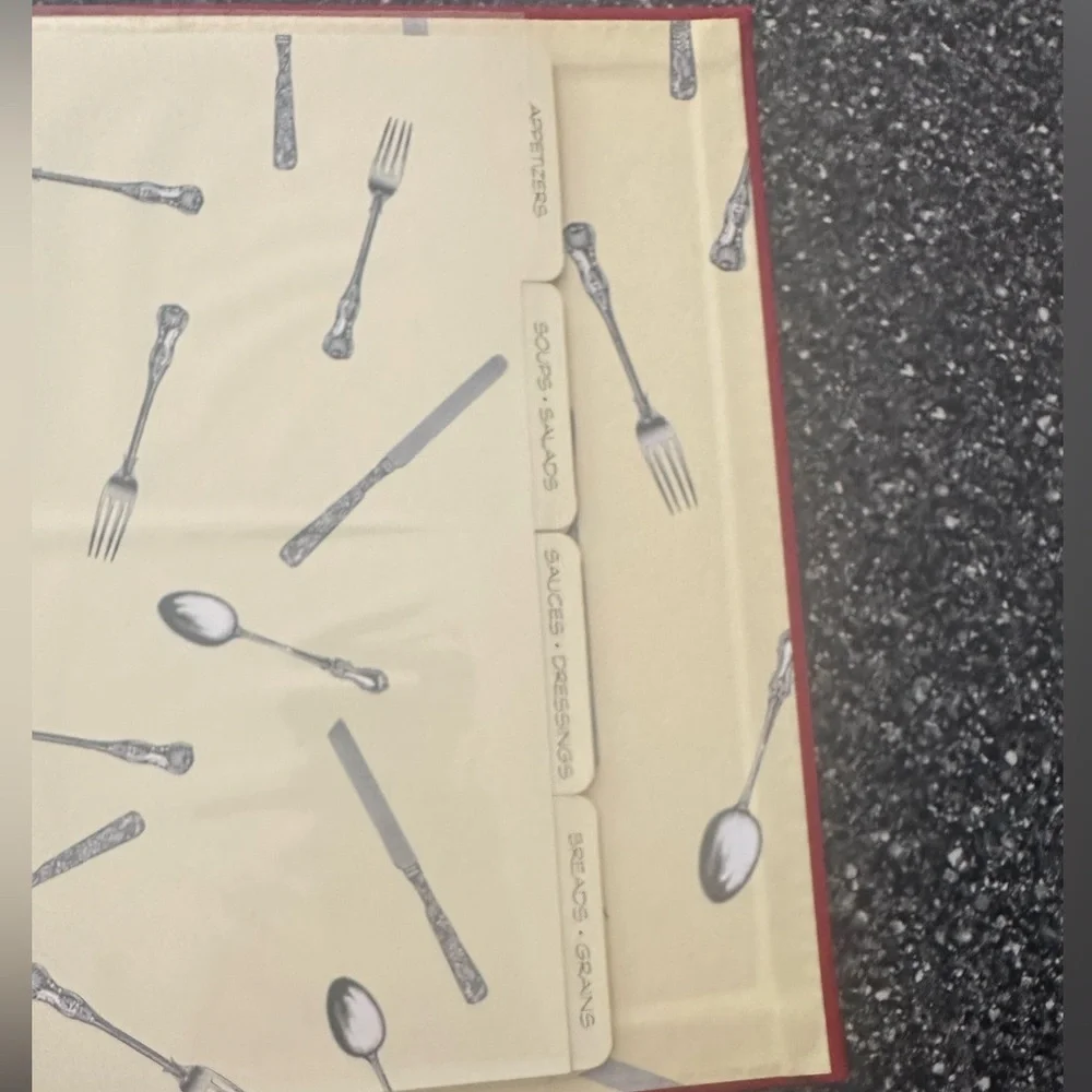 Red Recipe Album with Silver fork, spoon, knife and plate Emblem